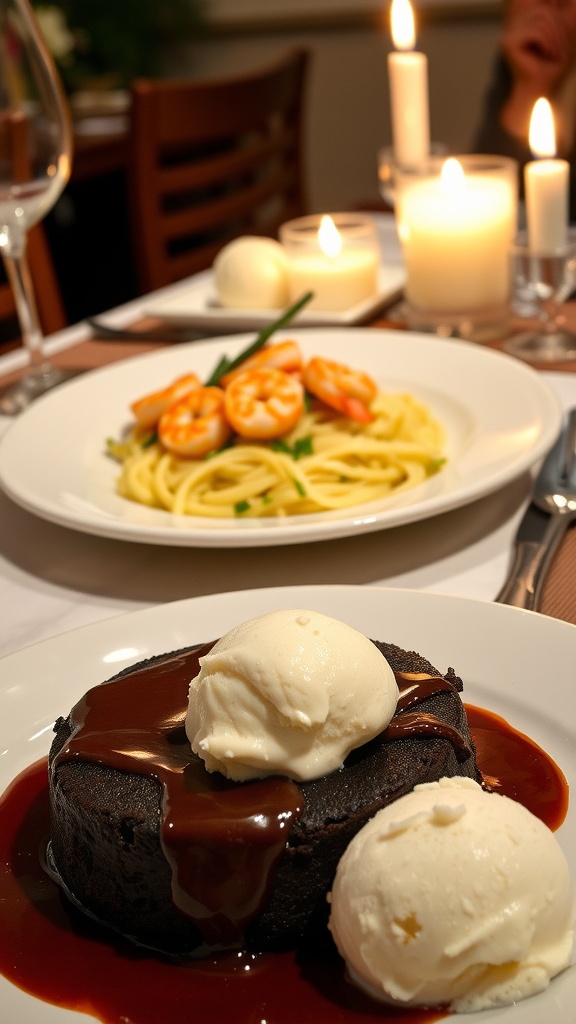 Romantic Italian Dinner for Two Romantic dinner setting with fettuccine alfredo, garlic shrimp, and chocolate lava cake.